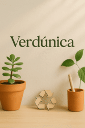 Macetas con plantas verdes y símbolo de reciclaje sobre una mesa de madera, con el logo Verdúnica al fondo.