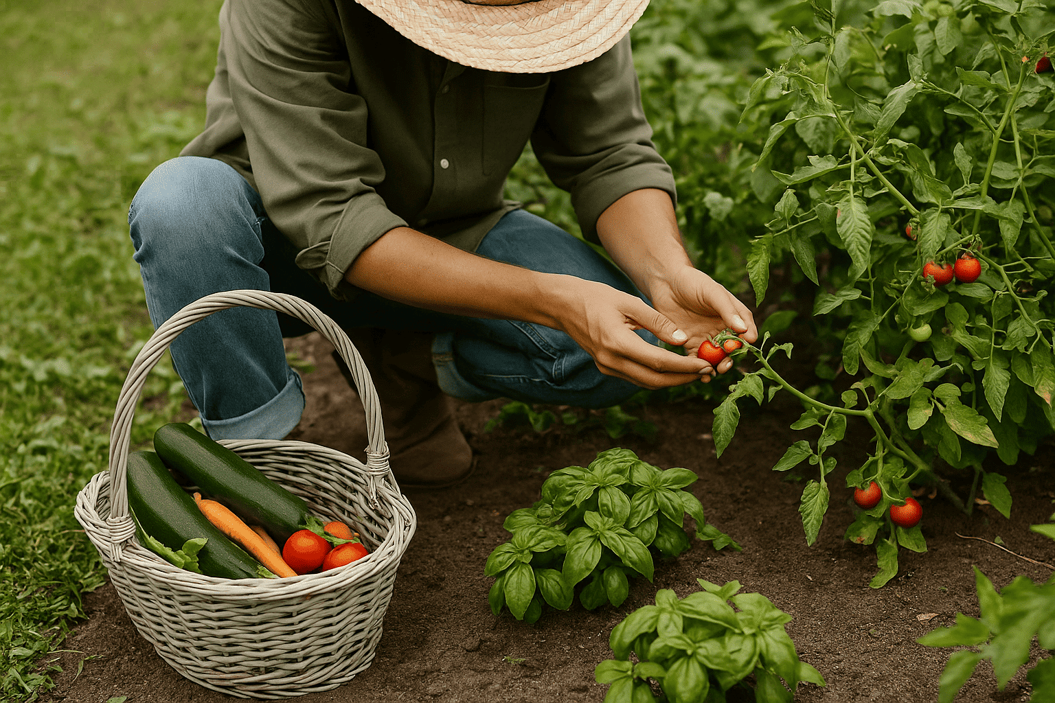 Persona cuidando un huerto urbano con vegetales verdes, símbolo de vida sostenible en la ciudad
